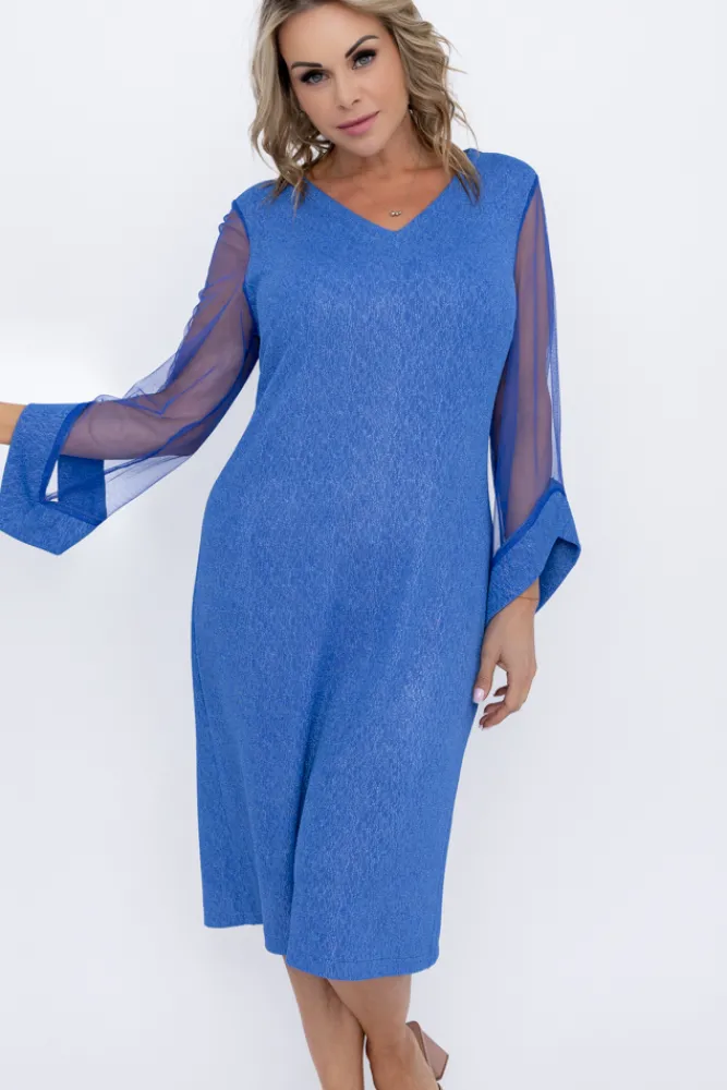 Polski Niebieska Sukienka błyszcząca z prześwitującymi rękawami MORTINO