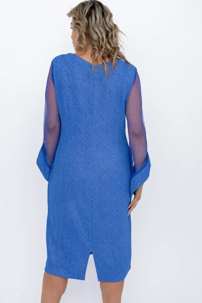 Polski Niebieska Sukienka błyszcząca z prześwitującymi rękawami MORTINO