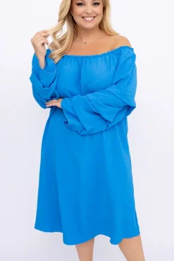 Polski Niebieska Sukienka z marszczonymi rękawami ALBEGA