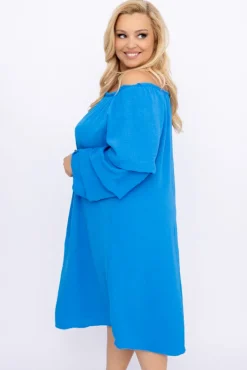Polski Niebieska Sukienka z marszczonymi rękawami ALBEGA