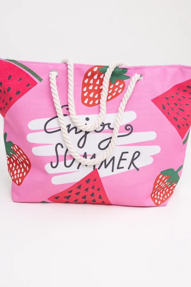 Damskie Różowo-biała Torebka plażowa STRAWBERRY