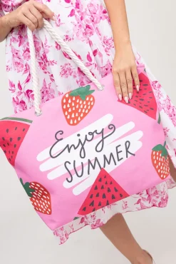 Damskie Różowo-biała Torebka plażowa STRAWBERRY