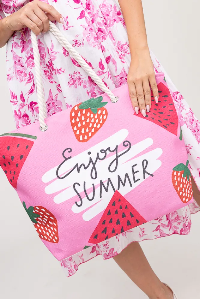 Damskie Różowo-biała Torebka plażowa STRAWBERRY