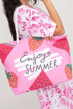Damskie Różowo-biała Torebka plażowa STRAWBERRY