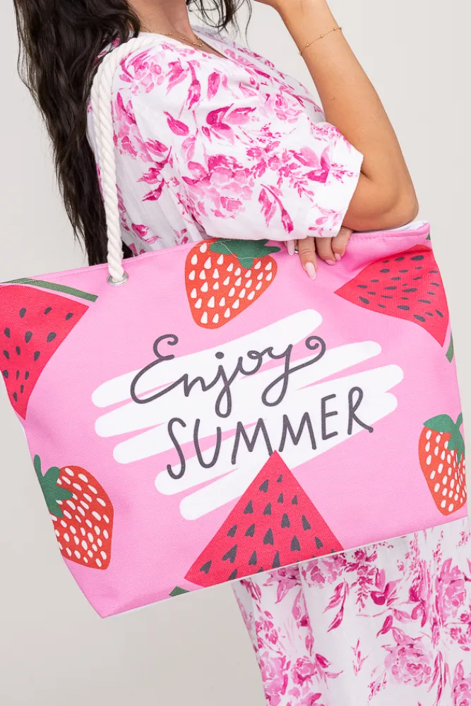 Damskie Różowo-biała Torebka plażowa STRAWBERRY