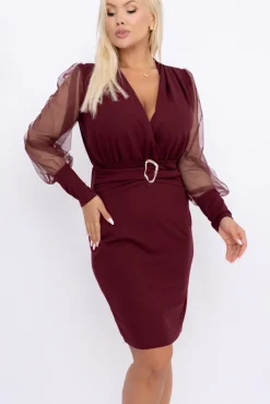 Włoski Wiśniowa Sukienka z prześwitującymi rękawami VIZENTI