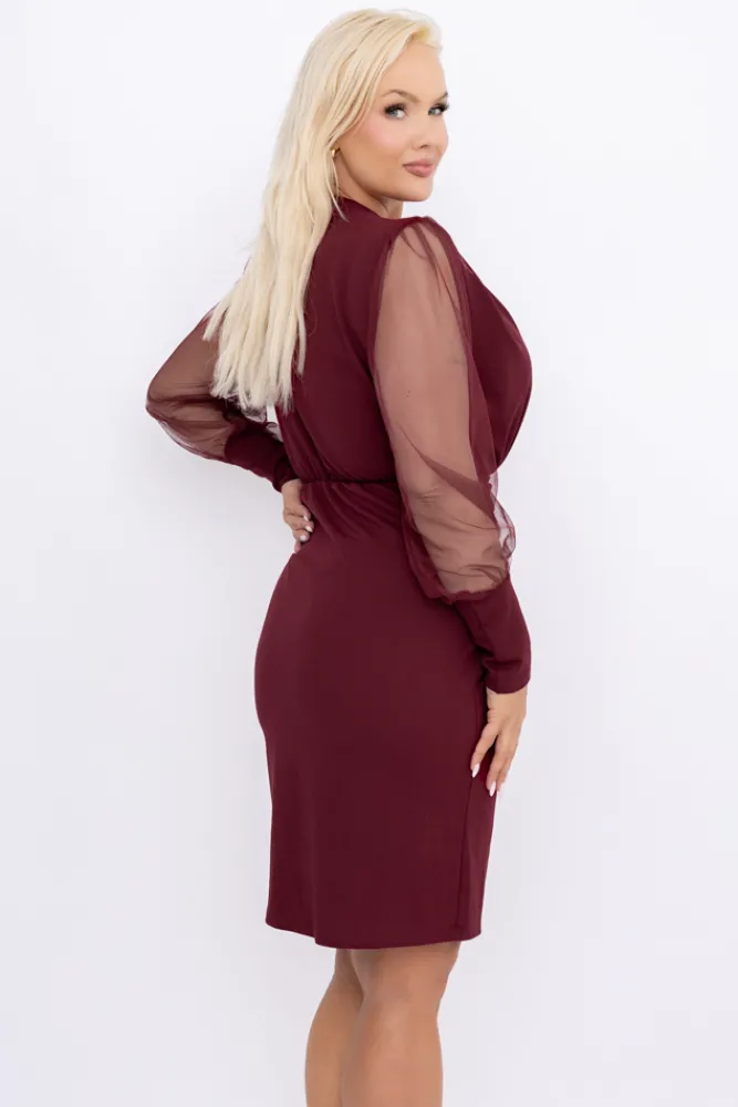 Włoski Wiśniowa Sukienka z prześwitującymi rękawami VIZENTI