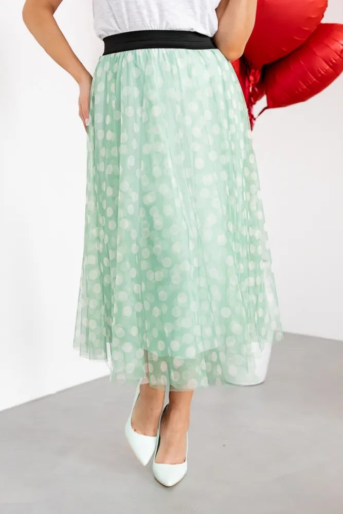 Włoski Zielona Spódnica Tiulowa w grochy MONACO