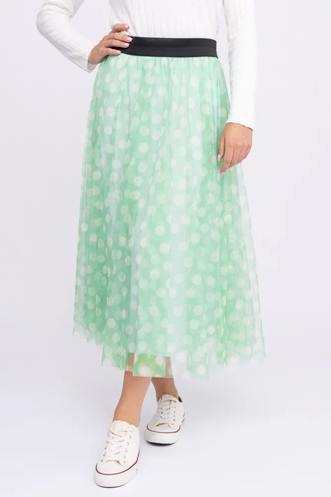 Włoski Zielona Spódnica Tiulowa w grochy MONACO