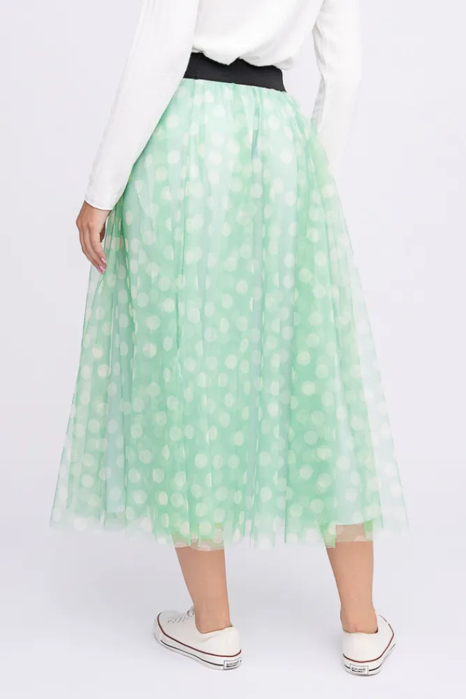 Włoski Zielona Spódnica Tiulowa w grochy MONACO