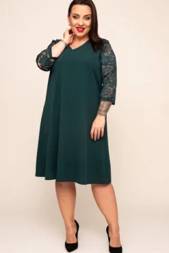 Polski Zielona Sukienka z koronkowym rękawem EVE
